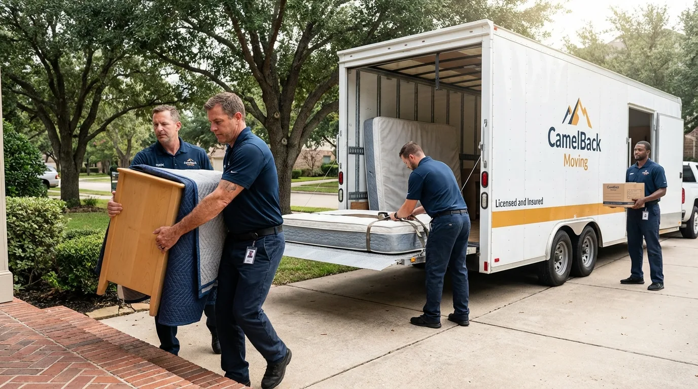 Crew loading residential truck for cross-state move from Evansville, WI
