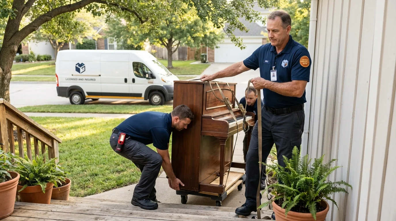 Licensed piano movers securing grand piano in Evansville, WI
