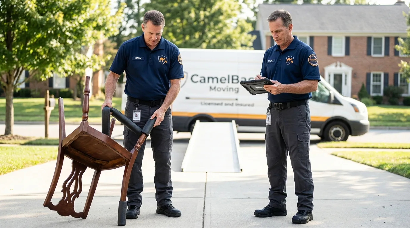 Movers inspecting furniture for damage prevention before loading in Evansville, WI