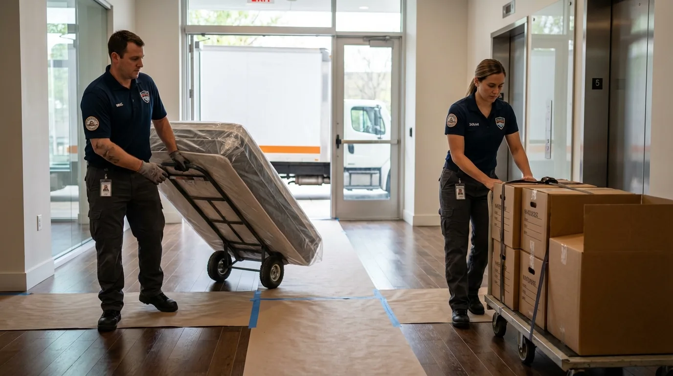 Professional apartment movers loading elevator in Evansville, WI