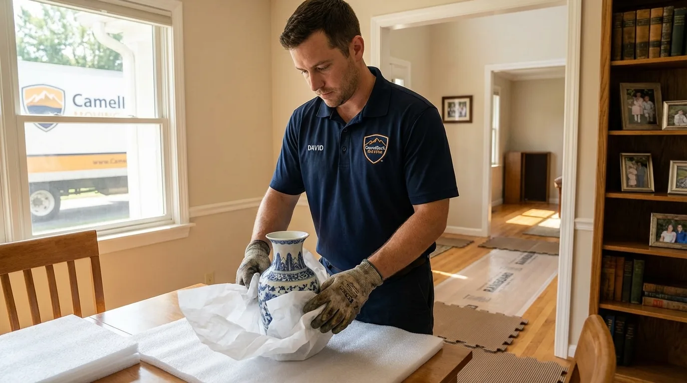 Professional crew carefully wrapping antique vase for senior downsizing move in Evansville, WI